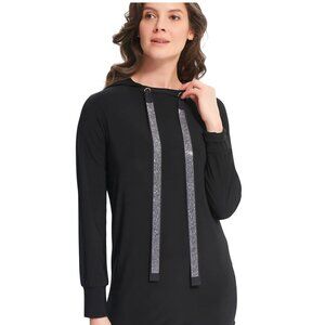 Joseph Ribkoff NWT Black Sparkle Rhinestone Hooded Tunic Quiet Luxury Size 12